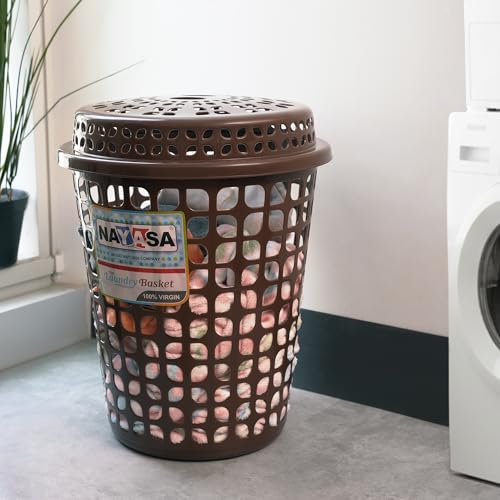 Image of Nayasa Plastic Laundry Basket with Lid - 44 Ltrs | Ventilated Clothes Hamper with Easy-Grip Handles | Clothes & Toy Storage Organizer |(Round Petal) Brown