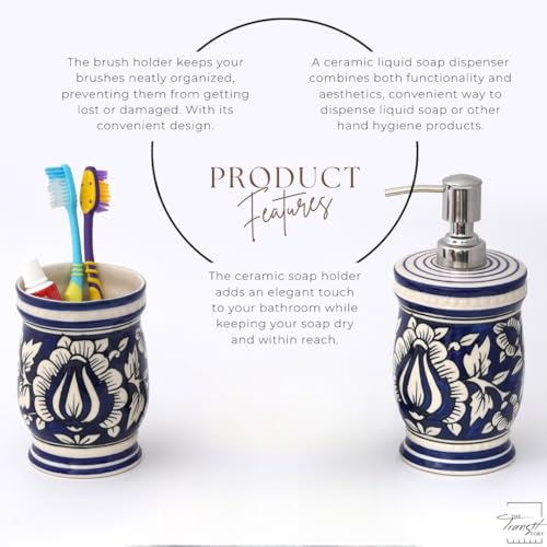 Image of Hand-Painted Ceramic Bathroom Accessories Set of 2 | 300ml Liquid Soap Dispenser & Toothbrush Holder | Rust-Proof Bathroom Organizer for Home & Wash Basin Decor | Blue Mughal