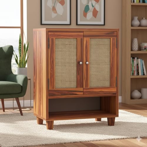 Image of Wooden Shoe Cabinet with Cane Door | 3-Shelf Shoe Rack Organizer for Hallway & Entryway Storage | Sheesham Wood Storage Unit for Shoes & Accessories (Honey Finish)