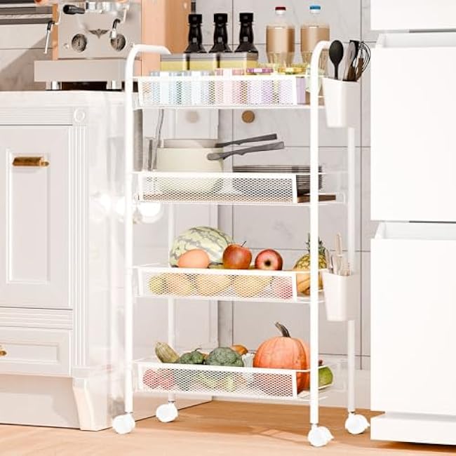 5-Tier Snack Storage Rack with Wheels, Stackable Metal Kitchen Organizer Cart, Carbon Steel Wire Basket for Pantry, Bathroom, Laundry Room, Easy Tool-Free Assembly, 17.32x10.63x41.34 Whit-OJEVDC18