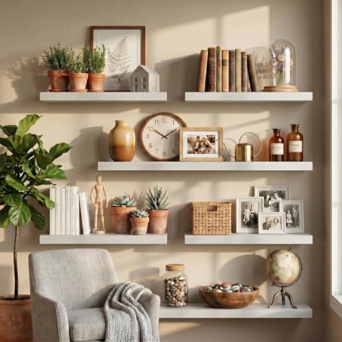 Image of Fun Memories 20 x 12 Inch Deep Floating Shelves, 12 Inch Deep Rustic Wooden Wall Shelves, Extra Deep & Heavy Duty Hanging Shelves for Living Room,Bedroom, Bathroom, Set of 3 (White)