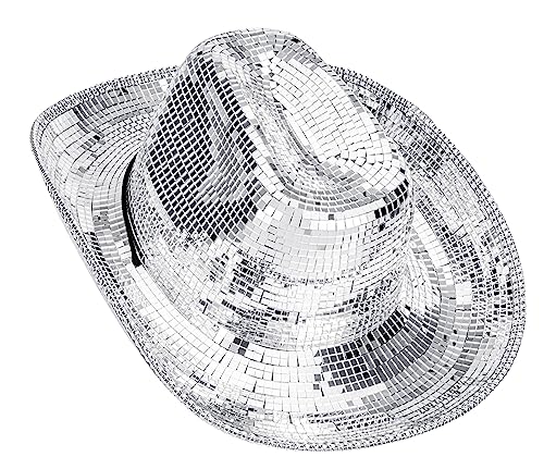 Silver-Disco-Ball-Cowboy-Hat Mirrored Sparkly Cowboy Hat Fun Cosplay Party Hats Festival Hat for Women and Men