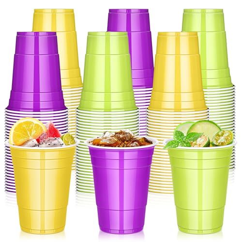 DI QIU REN 150 PCS 16OZ Mardi Gras Cups Purple Yellow Green Disposable Cups Drinking Mardi Gras Party Cups Bulk for Party Birthday Festival Family Holiday Events Celebrations Supplies