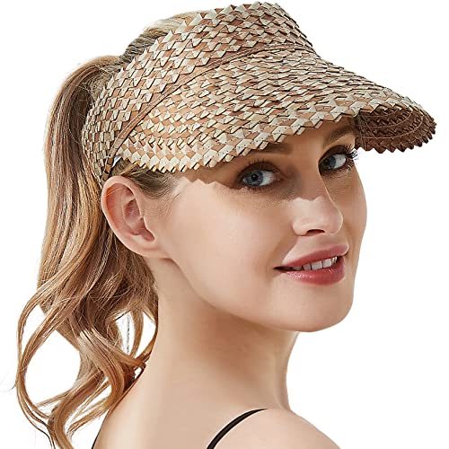 Straw Visors for Women, Visors for Women Wide Brim, Beach Hats for Women Foldable, Hand Woven Sun Hats for Women (Smoky)