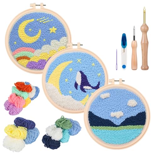 Image of Zuaooz 3 Sets Punch Needle Kits,Whale Rainbow River Punch Embroidery Kits for Adults Beginner, Tool with Punch Needle Fabric, Hoops, Yarns and Sewing Needles