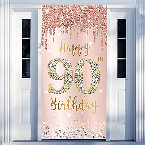 Image of 90th Birthday Door Banner Decorations for Women, Pink Rose Gold Happy 90th Birthday Door Cover Backdrop Party Supplies, Large 90 Year Old Birthday Poster Sign Decor
