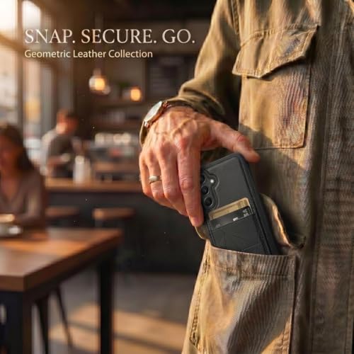 Image of amazon basics Premium Vegan Leather Back Cover with Card Holder and Integrated Mobile Stand for Samsung Galaxy S25 Plus 5G - Slim Shockproof Wallet Case with Geometric Stitching [Black]