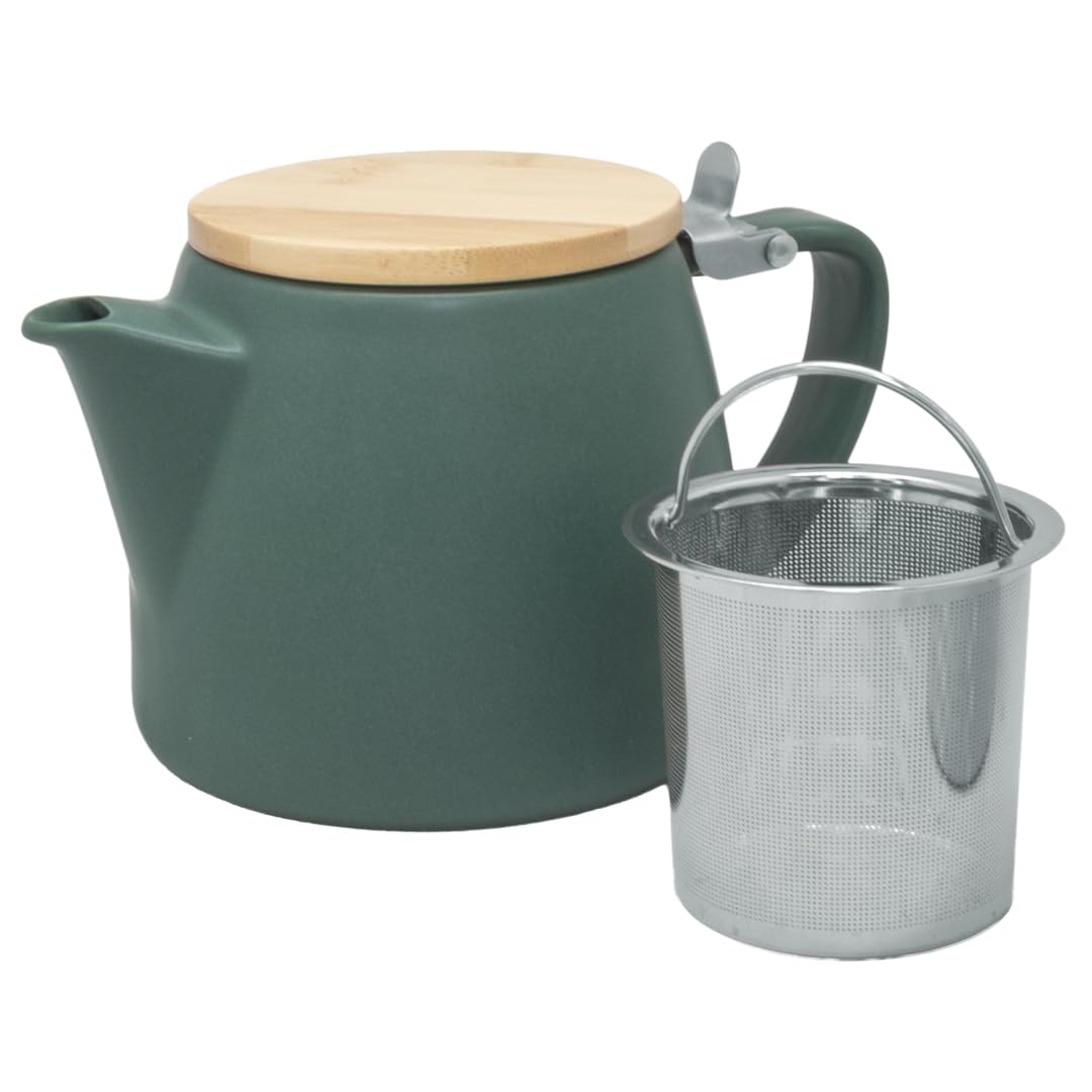 Nerthus FIH 1614 Porcelain Teapot with Infuser 500 ml, Teapot for Tea and Infusions, Removable Stainless Steel Filter, Bamboo Lid, Teapot with Strainer, Green
