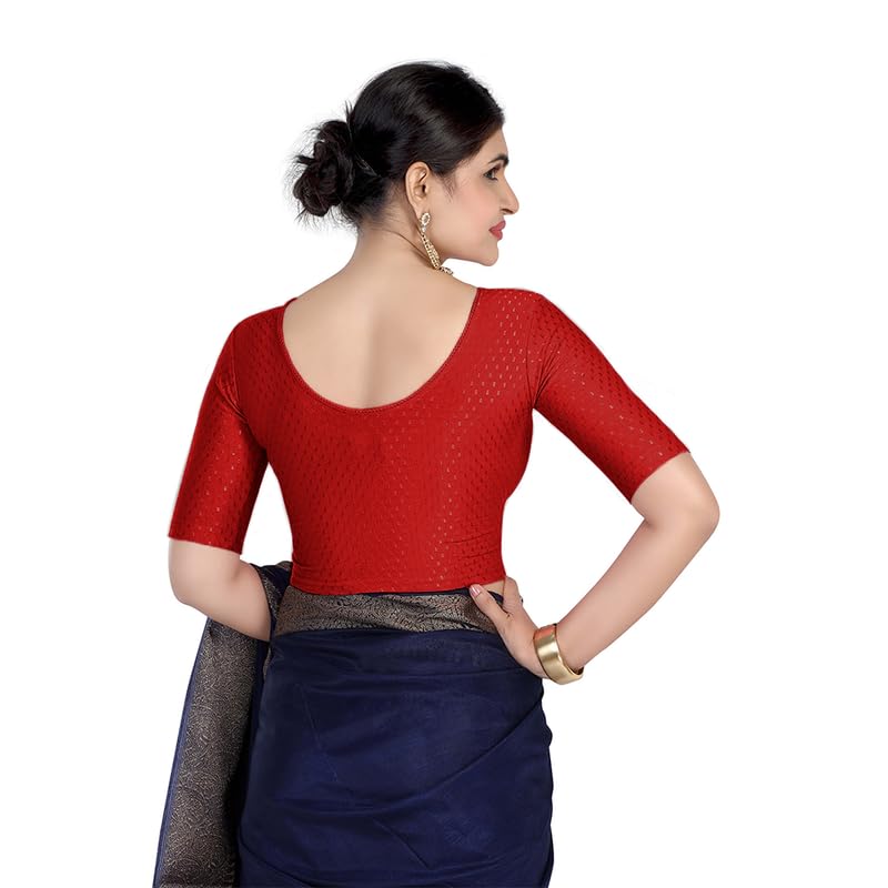 Image of FINESTFIT Round Neck Stretchable Elbow Sleeve Readymade Saree Blouse for Women, 100% Cotton Dobby Fabric