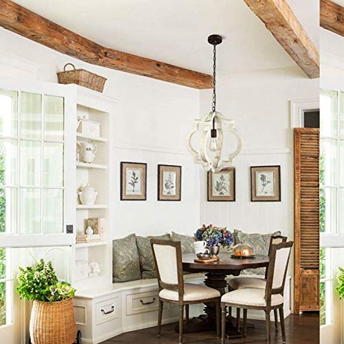 Wochos Farmhouse Orb Chandelier 1-Light Rustic Handmade Wood Chandelier Light Fixture For Dining Room, Kitchen, Living Rooms And Hallway, White, D 16.5" X H 17.9" #TOP1