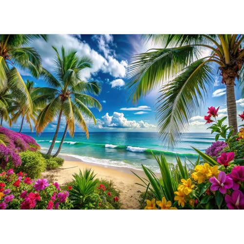 Hawaiian Beach Backdrop Summer Luau Party Background Summer Tropical Backdrop Aloha Theme Banner Decorations with Palm Leaves Flowers for Photo Booth 7X5FT 083