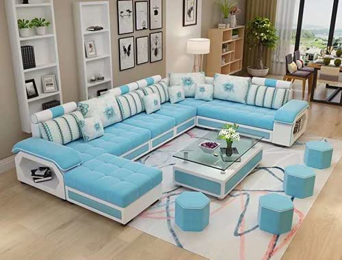 Woodsfreak Luxurious Designer Sofa U Shape Latest 7 Seater with 4 Pouffe for Living Room, Set of 10 Items.Upholstery-Suede Fabric,Color-Sky Blue-image-9