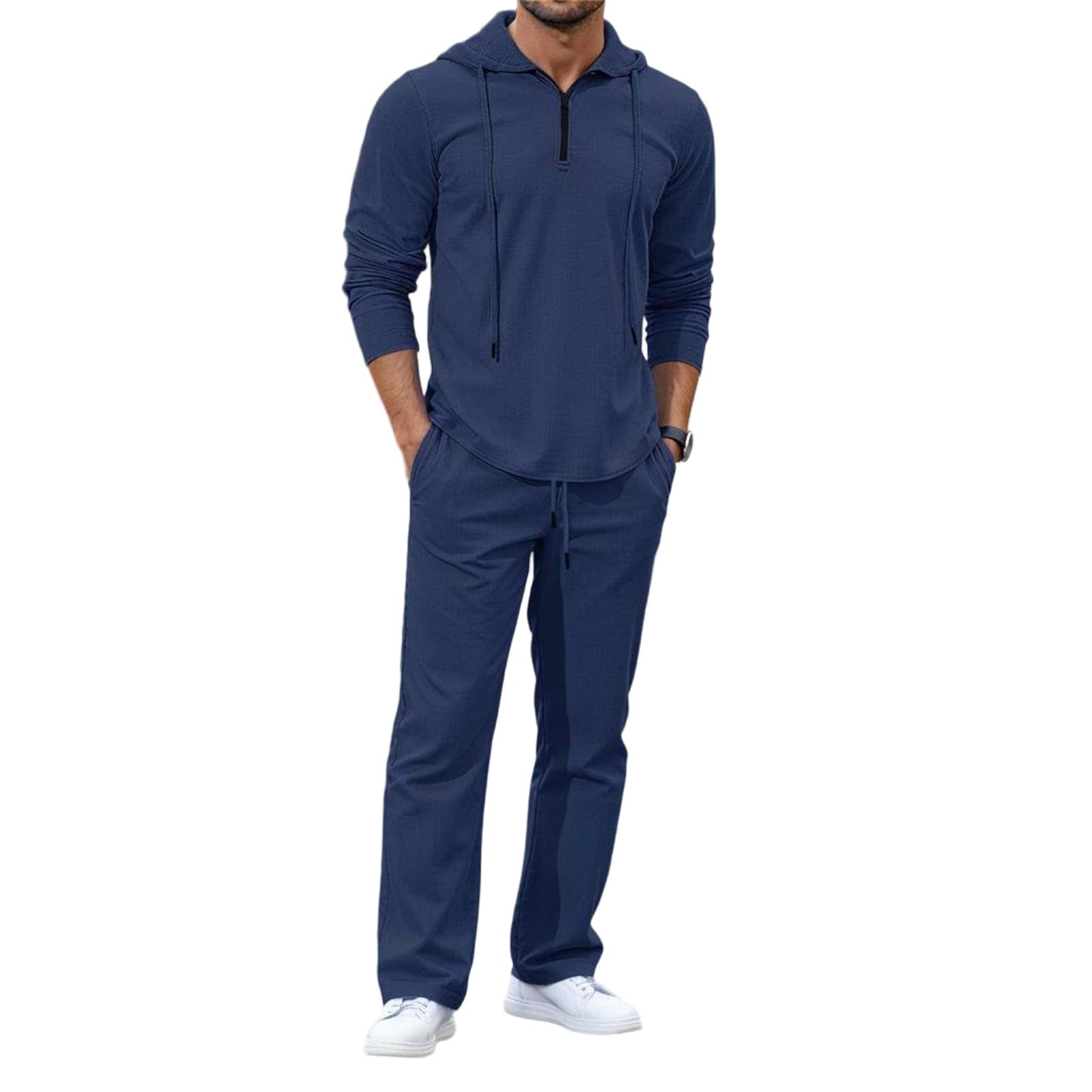 Generisch 2026 - Tuta da uomo casual in lino con chiusura lampo, pantaloni in tinta unita, larghi, taglia grande, set da 2 pezzi