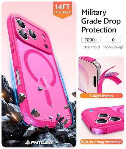 Image of FNTCASE for iPhone 17 Pro Case: [Compatible with Magsafe] Translucent Matte Cases with [Full Camera Protection] [Screen Protector] Military Grade Shockproof Protective Phone Cover - Hot Pink