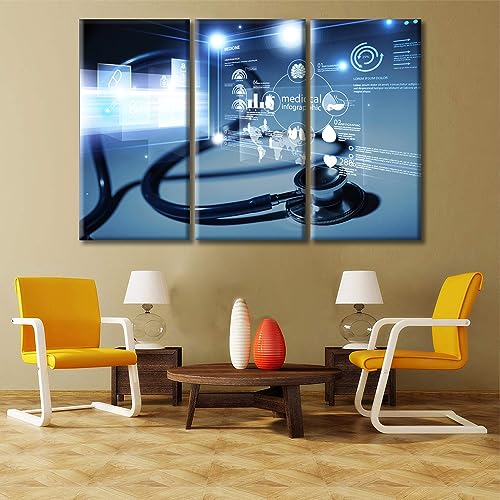 Image of TUMOVO Medical Stethoscope and Infographic Wall Prints Stethoscope and Medical Canvas Wall Art 3 Panels Laboratory Wall Art for Living Room Stretched and Framed Ready to Hang (60 inch Wx40 H)
