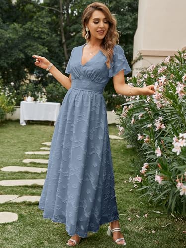 Image of Simplee Women's Boho Floral Maxi Dress Flowy Casual V Neck Short Sleeve Wedding Guest Holiday Beach Long Dress