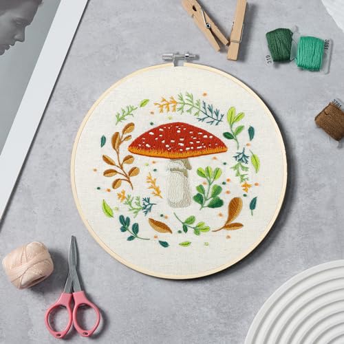Image of Bonroy 4 Sets Embroidery Kit for Beginners with Instructions,Cross Stitch Kits for Adults with Pattern,Needlepoint Kits for Adult Include Embroidery Cloth Hoops Needles Threads(Mushroom)