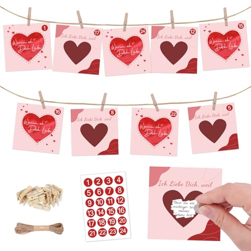 Adventskalender Liebe Karte - Ich Liebe Dich, Weil... Adventskalender Karte Partner mit 24 Zahlenaufkleber, 24 rubbel, Kordel und Holzklammern, Liebesgeschenke für Weihnachten