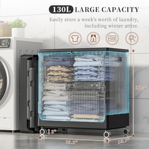 Image of HAIXIN HOME 130L Rolling Laundry Hamper with Lid, Large Plastic Laundry Basket for College Dorm, Foldable Stackable Dirty Clothes Hamper Organizer for Industry, Bedroom, Living Room, Bathroom - Black