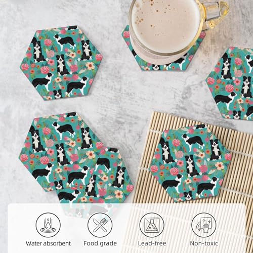 Dessous de verre Border Collie en céramique et liège avec support - Lot de 6