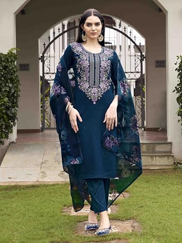 Womanista Women's Teal Blue Color Cotton Blend Multi Embroidered Kurta Set With Printed Organza Dupatta(Kurtaset_1339_S)