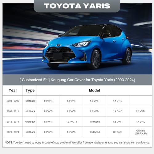 Image of Kaugung Car Cover Custom Fit for Toyota Yaris Hatchback (2003-2024), 6 Layers Waterproof All Weather for Automobiles Full Exterior Cover Rain Sun Snow Protector with Door Zipper. Silver