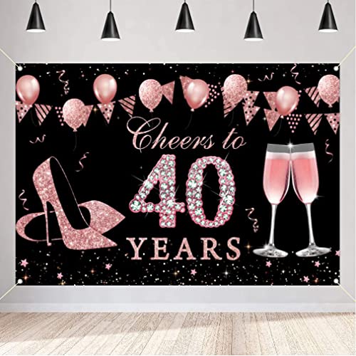 40th Birthday Decoration Happy 40th Birthday Backdrop for Women Birthday Party Background, Shining Glitter Diamonds Elements, RoseGold Party Banner Photo Studio Props, 150 cm x 90 cm