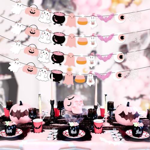 Pink Hanging Ghost Banners - Halloween Party Banner Decor for Hau...