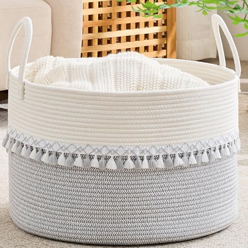 Image of KAKAMAY Cotton Rope Storage Basket (20 inchx13 inch),Woven Hamper for Blankets,Toys,Pillows,Clothes,Laundry,Sturdy Handles Decorative Basket for Living Room, Bedroom,Nursery(Grey /Black)