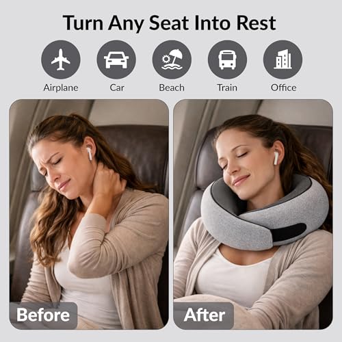 Image of Travel Neck Pillow,Ergonomic 360 Memory Foam Support for Head, Neck. Adjustable for Long Flights. Soft &Washable Cover, EVA Box, 3D Eye Mask, Earplugs, Hair Tie & Luxury Bag (Grey)