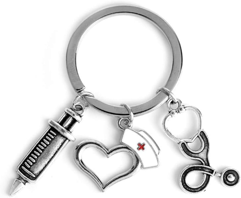 Weryffe Nurse Keychain Novelty Love Heart Nurse Cap Pendant Simulation Stethoscope Syringe Keyring Unisex Key Handbag Hanging Pendant for Doctor Nurse Gifts