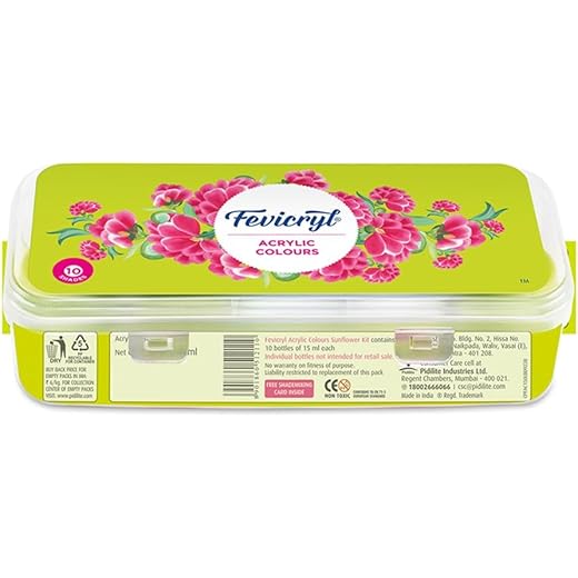 Fevicryl Acrylic Colours Sunflower Kit | 10 Colours x 15 ml | DIY Paint, Rich Pigment | Multicolour & Multi-surface | Non-Cracking Paint for Canvas, Wood, Leather, Earthenware, Metal