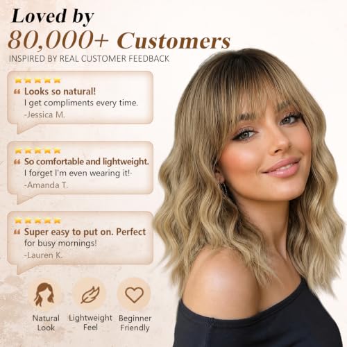 Image of Nnzes Short Wavy Bob Wig with Bangs for Women Shoulder Length Curly Soft Dark Root Beige Blonde Ombre Synthetic Heat-Resistant Fiber Hair for Daily & Party Use