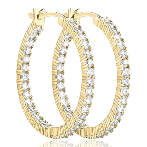 14K Gold Diamond Hoop Earrings for Women 14K Gold Chunky Hoop Earrings Chic Diamond Hoops Earring with 68pcs Cubic Zirconia