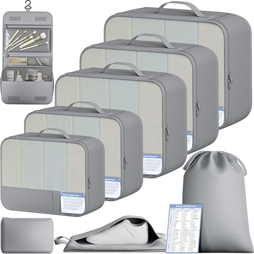 Image of BAGAIL 9 Set Packing Cubes with Packing List Luggage Packing Organizers for Travel Accessories (Pewter Color)