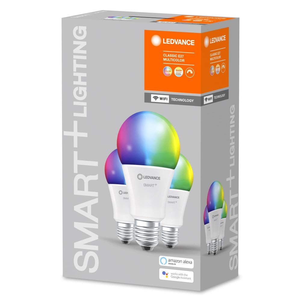 Ledvance Smarte LED-Lampe mit WiFi Technologie, Sockel E27, Dimmbar, Lichtfarbe änderbar (2700-6500K), RGB Farben änderbar, ersetzt Glühlampen mit 100 W, SMART+ WiFi Classic Multicolour, 3er-Pack