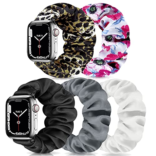 Scrunchie Watch Bands for Women Compatible with Apple Watch 38mm 40mm 41mm 42mm 44mm 45mm, Elastic Scrunchy Replacement Band Soft Stretchy Band For iWatch Series 7/6/5/4/3/2/1/SE (5 Pack C,S-Size) - image 1