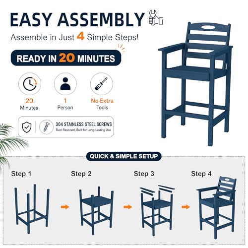 Image of Domi Barstools, Tall Adirondack Chairs Set of 2, Bar Height Outdoor Chairs | HDPE, Oversize, All-Weather, Navy Blue