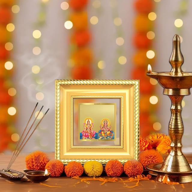Image of DIVINITI Lakshmi Ganesh 24K Gold Plated Foil Tabletop Photo Frame for Home Decor, Puja Room, Luxury Gifting | DG Frame 015 S1A (10x10 CM)