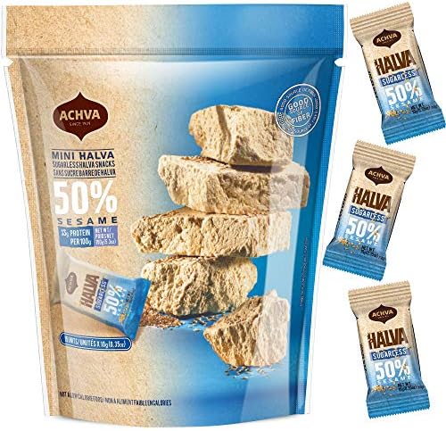 Halva Sugarless Tahini Bar Mini Snacks – Assortment of 15 Snack-Sized Vanilla Flavor Halvah– Vegan, Kosher Snacks with No Gluten or Lactose by Achva, 12 g. Each Product Name