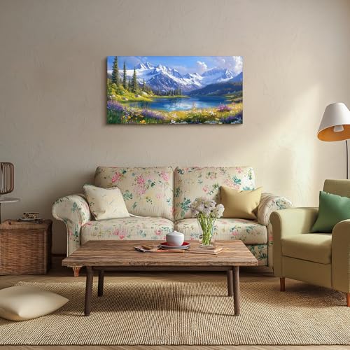 crmotu Mountain Lake Wall Art, Natural Landscape Large Wall Decor, Forest Meadow Wildflower Canvas Prints, Country Charm Pictures for Living Room Bedroom Kitchen, Rustic Farmhouse Decor 24x48 Inch