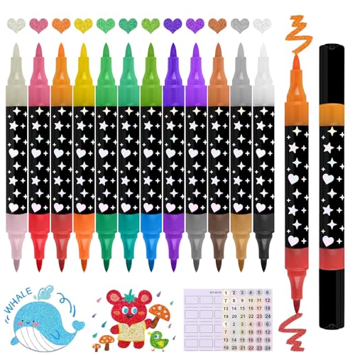 Funnasting 24 Couleurs Feutre Paillette, 12 Feutres Double Pointe Marqueurs à Paillettes Stylo,...
