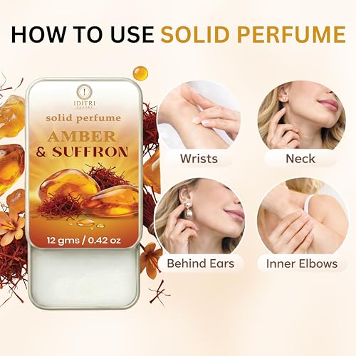 Image of Solid Perfume Amber & Saffron Gold | Green Kesar Chandan | Alcohol Free Wax Perfume Balm, Long Lasting Pocket Fragrance Tin 12g, Smooth Glide, Travel Friendly | Office Wear | Gift Ready