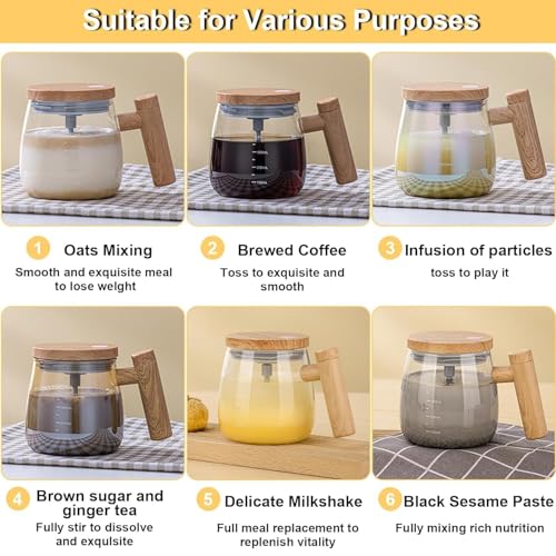 Image of Self Stirring Coffee Mug with Lid | Automatic Mixing Glass Cup for Coffee, Milk & Protein Drinks | Wooden Handle Mug for Home & Office