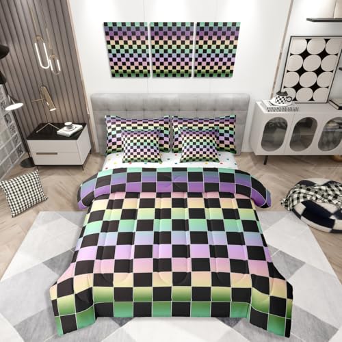 Image of Erosebridal Kids Black Checkered Comforter Set Full 7 Piece,Rainbow Ombre Plaid Bed in A Bag with Sheets for Boys Girls Colorful Geometric Checkerboard Bedding Set,Aesthetic Grids Bed Sets