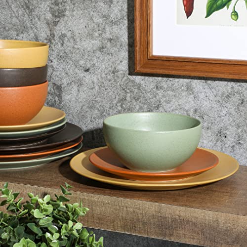 Image of Gibson Elite Capetown Assorted Color Reactive Glaze Round Stoneware Dinnerware, Black, Yellow, Orange, Green, Service for Four (12pcs)