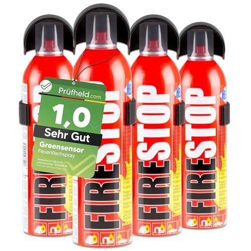 [Test SEHR GUT, Note 1,0*] 4X GREENSENSOR Premium Brandschutzspray 400 ml, Universal Löschschaum für Zuhause, Auto, Schaumlöscher Spray Löschspraydosen, Pannenzubehör