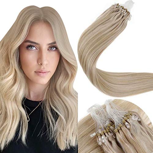 LaaVoo 18inch Micro Loop Hair Extensions Silicone Micro Beads Stick Tip Hair Extensions Highlighted Brazilian Human Hair Cold Fusion Ash Blonde Mixed Light Blonde Silky Straight 50g/50s#P18/24