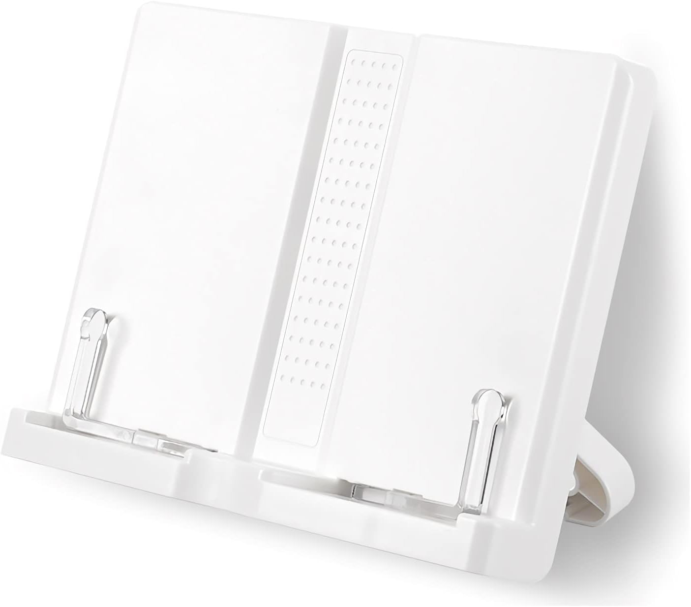 Book Stands and Holders for Reading Book Holder Stand Clear Page Paper Clips Bookstand Adjustable Angle Textbook Cookbook Tray for Reading Hands Free 11 x 8 inch for Kitchen and Office (White )