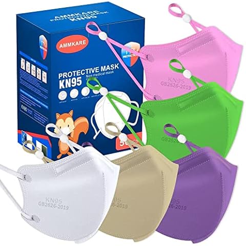 Kids KN95 Face Masks 50 PCS for Children 5-Ply Breathable Safety Mask with Adjustable Elastic Ear Loops Multicolor-1 Cover